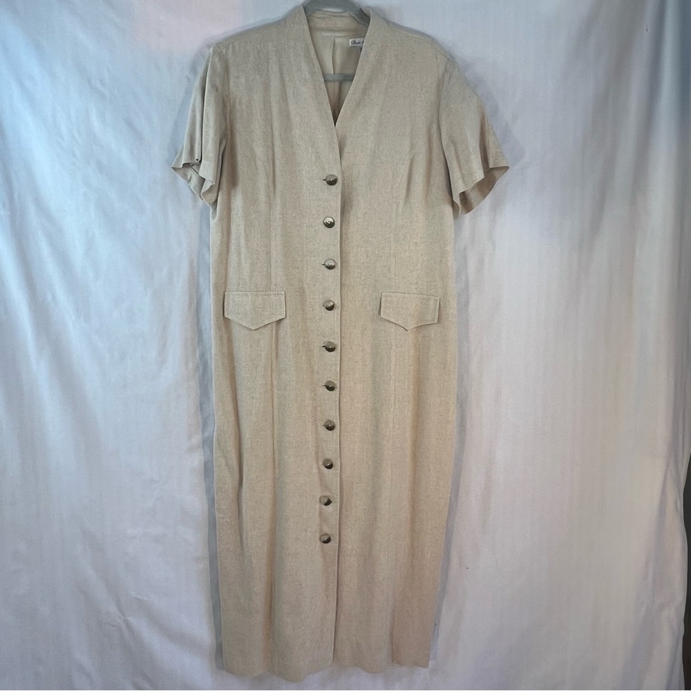 Deane and White Beige Linen Blend V Neck Button Front Sleeveless MIDI Dress 12👍